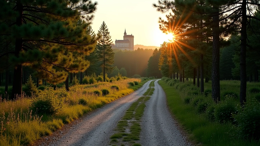 Žvyruko takas vingiuoja per smilgų krūmus ir žalią pavasarį žaliuojantį mišką su bokšto viršūne horizonte
