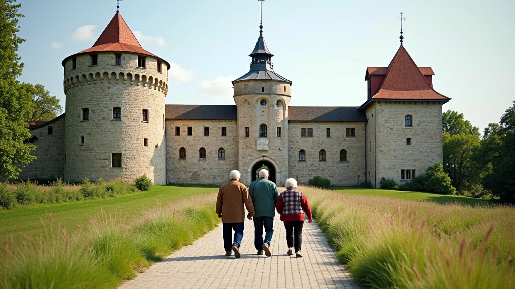 Senjorų grupė Medininkų pilies bokštų prie grindinio