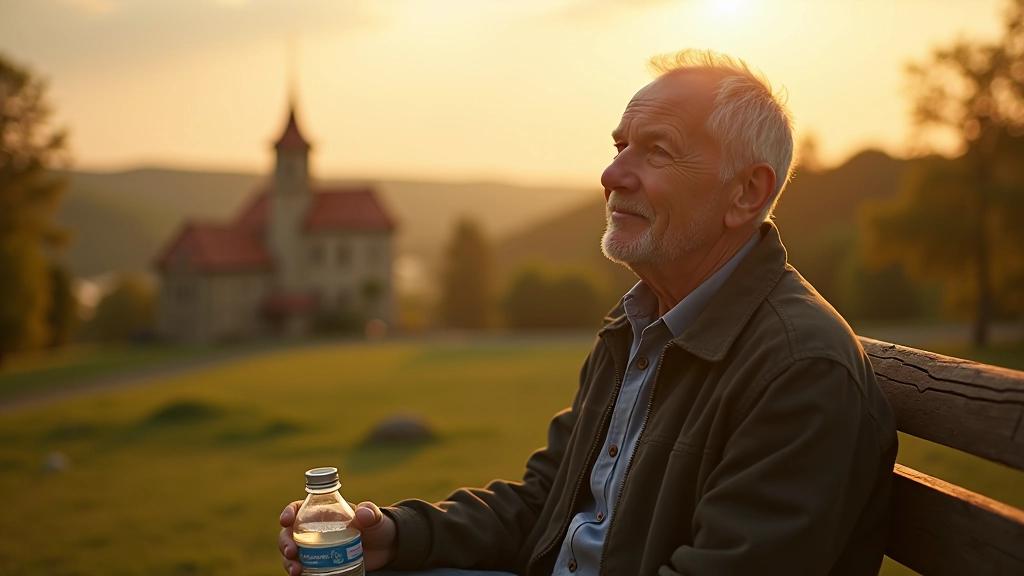 Senyvas vyras sėdi ant suoliuko priešais pilio bokštą, tūpčioja vandenį iš butelio